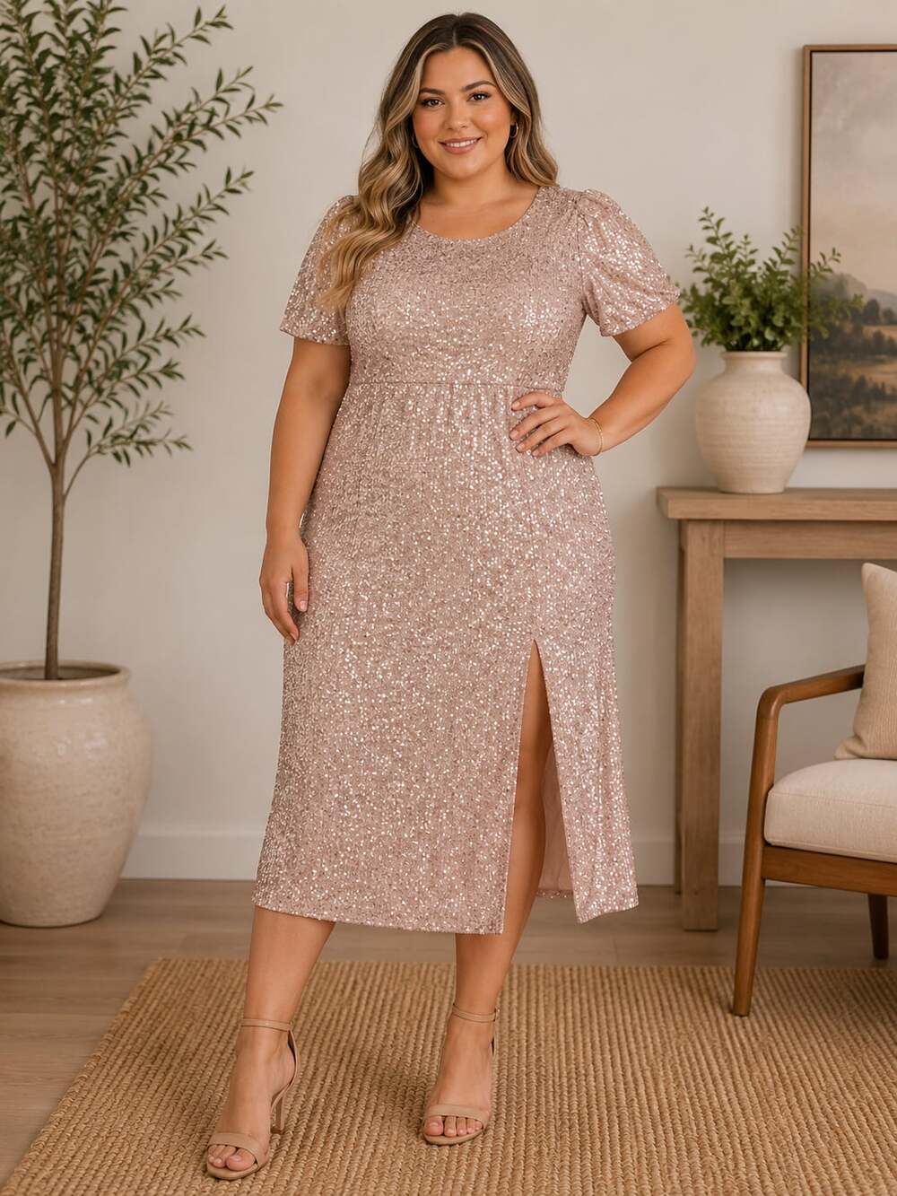 Baltic Born Champagne Sequin Midi Dress 2X Puff Sleeve Side Slit Party Formal
